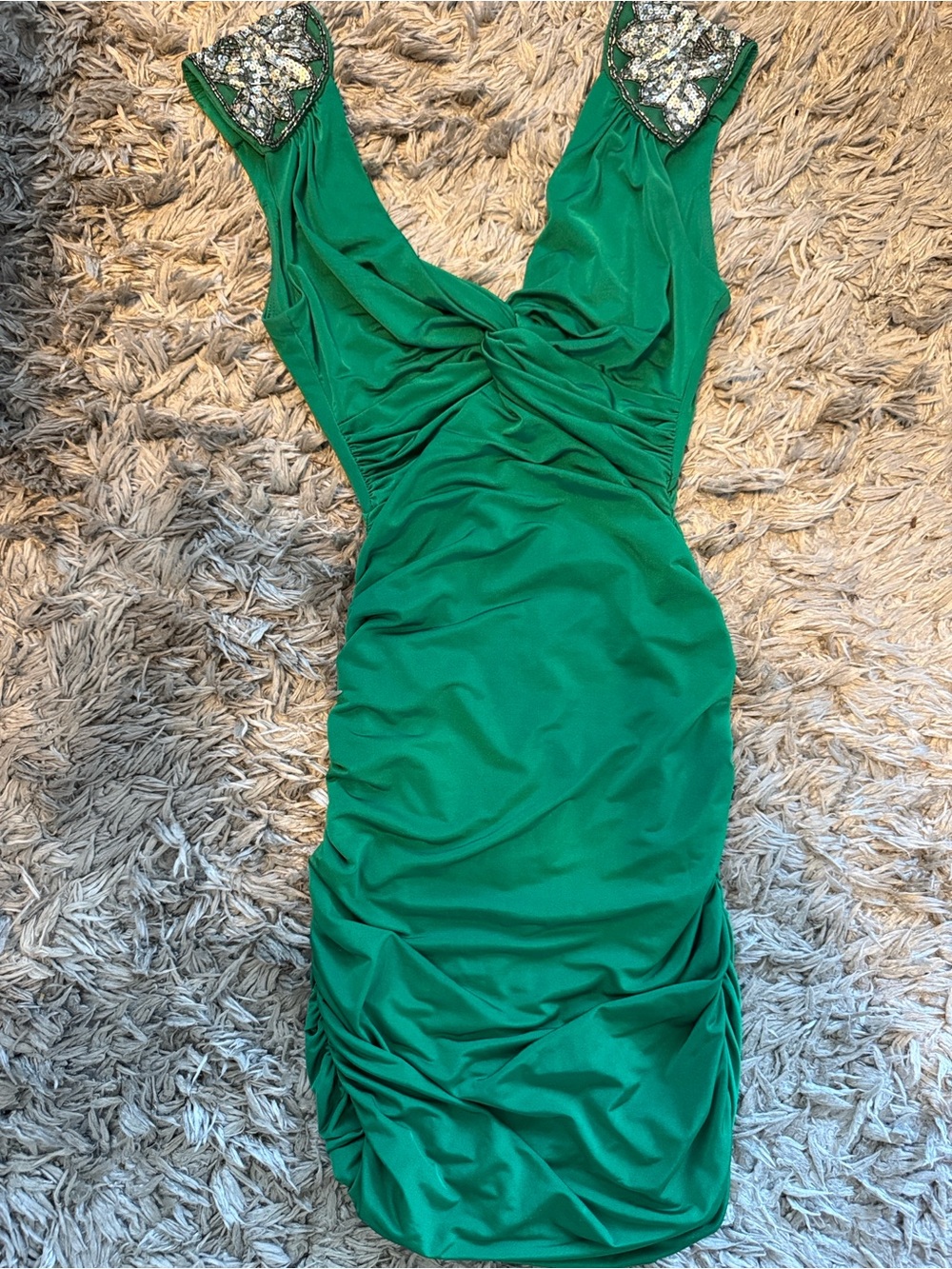 Arden B Emerald Green Ruched V-Neck Midi Dress with Sequin Straps